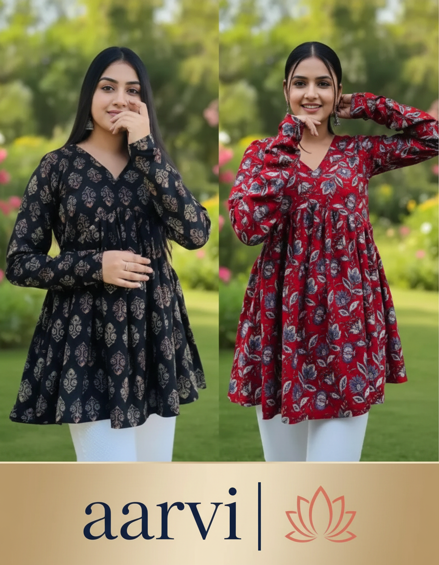 Premium and Trending Anarkali Urf Aliacut Printed Short Kurti With COMBO (Pack of 2)