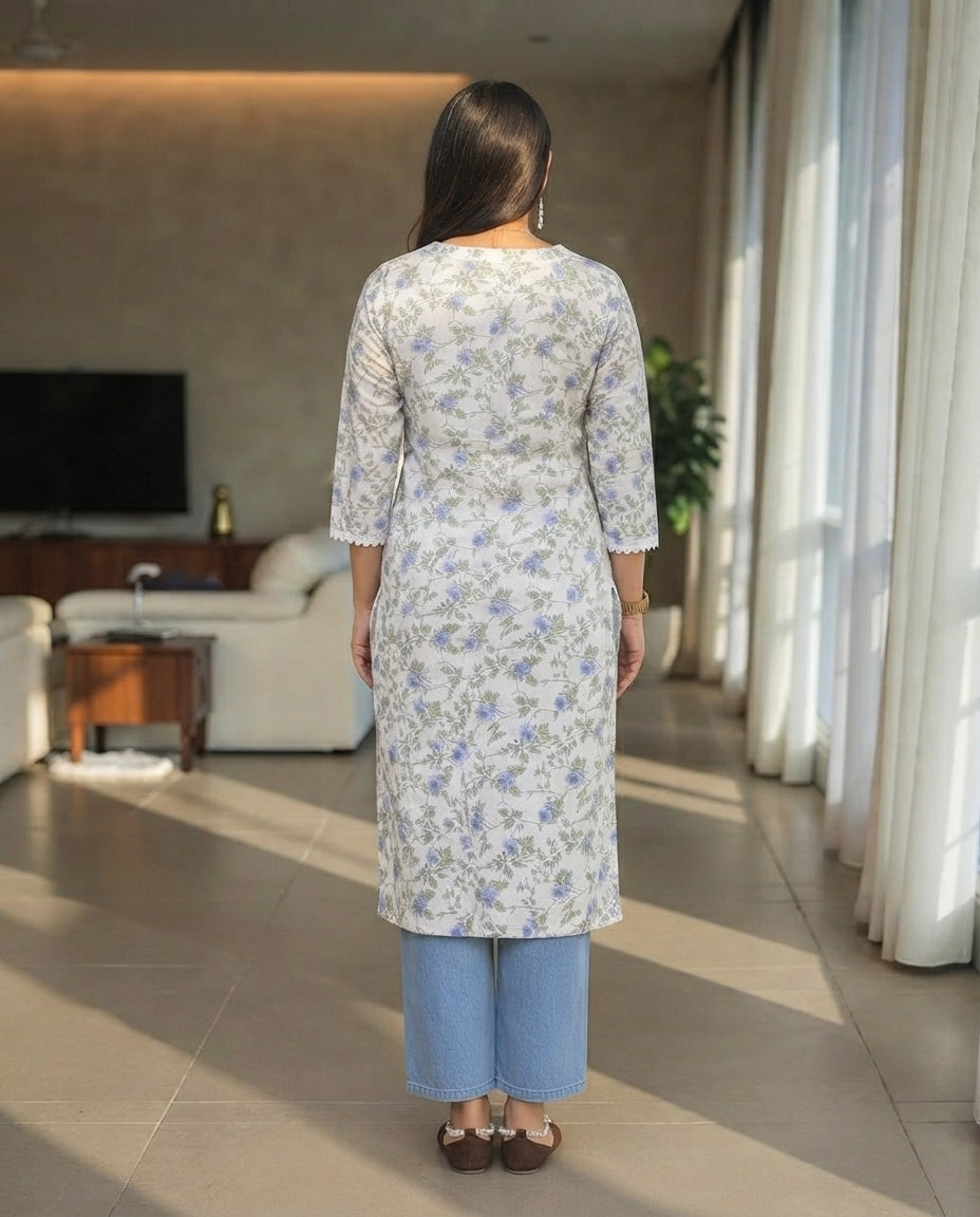 Soft Cotton Everyday Wear Floral Print A-Line Kurta