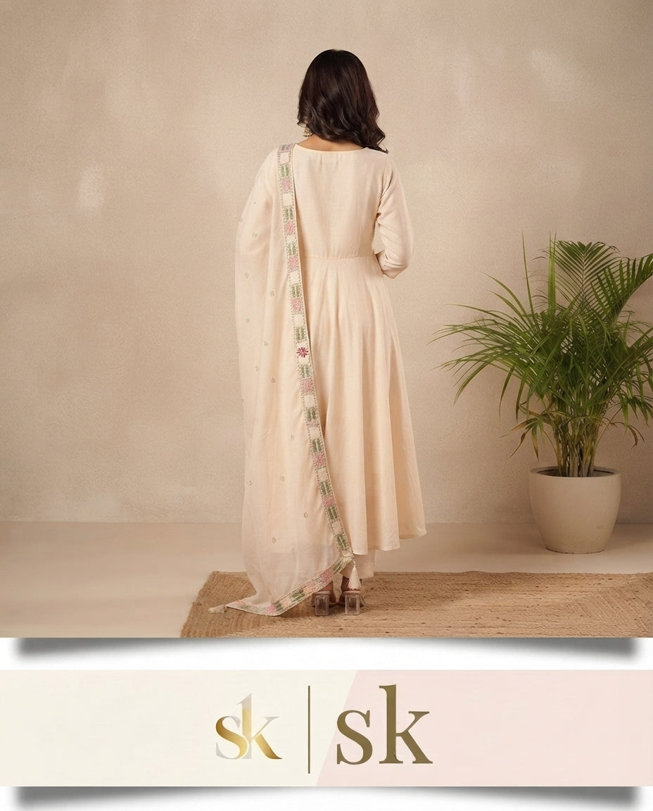 Ivory Blossom Embroidered Kurta Pant Dupatta Set