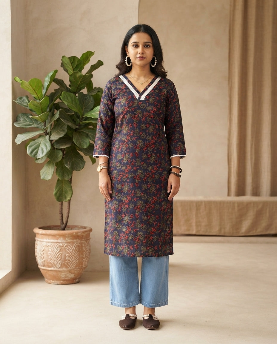 Soft Cotton Everyday Wear Floral Print A-Line Kurta