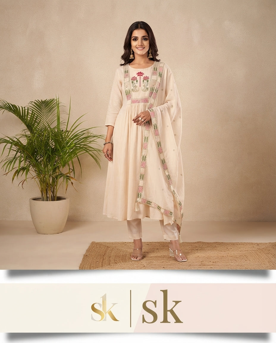 Ivory Blossom Embroidered Kurta Pant Dupatta Set