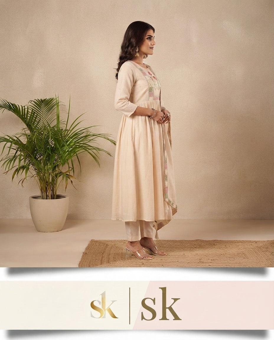 Ivory Blossom Embroidered Kurta Pant Dupatta Set