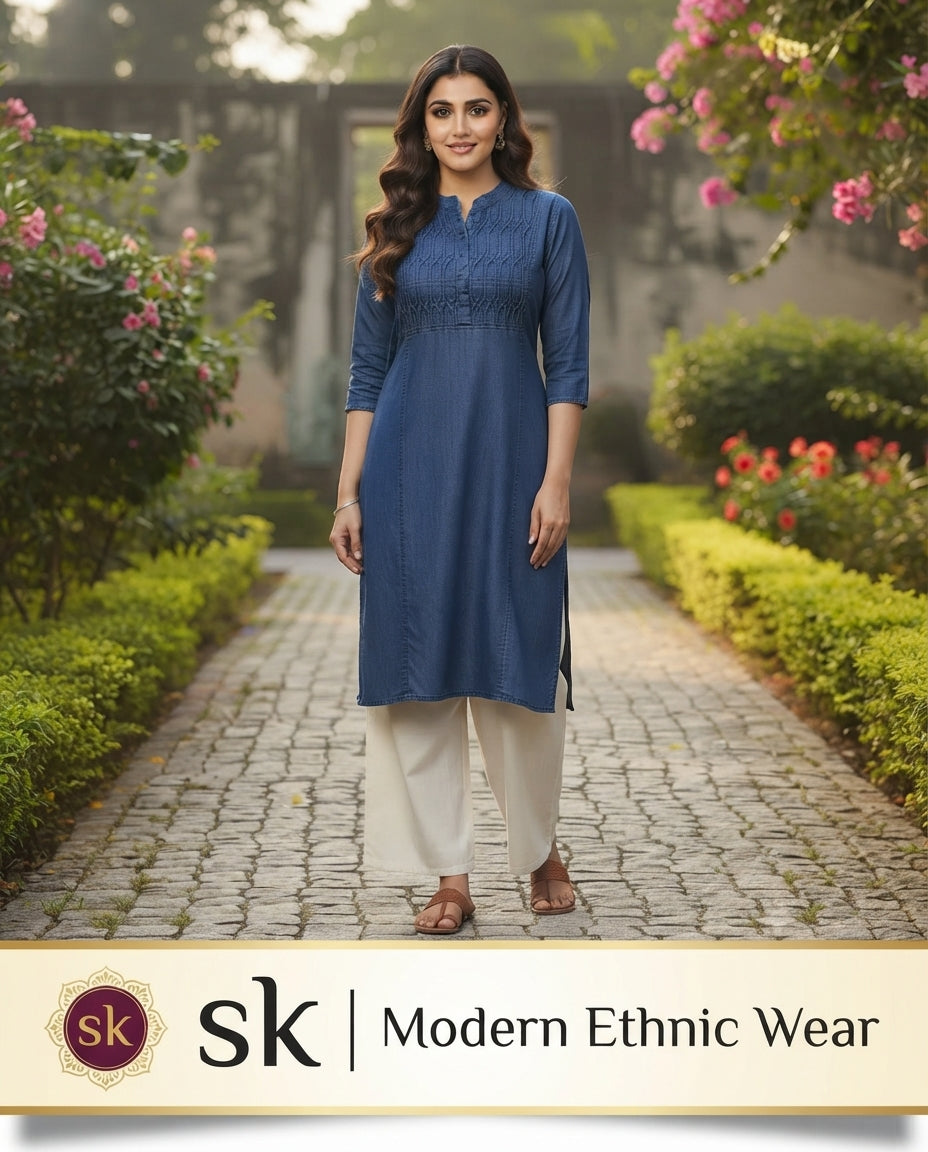 Kurti Zigzag Design Three Quarter Sleeves Zigzag Design Pure Cotton Denim KURTI FOR Womens And Girls