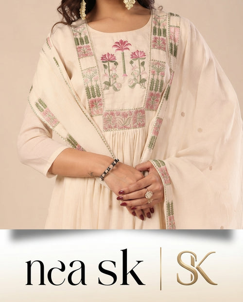 Ivory Blossom Embroidered Kurta Pant Dupatta Set