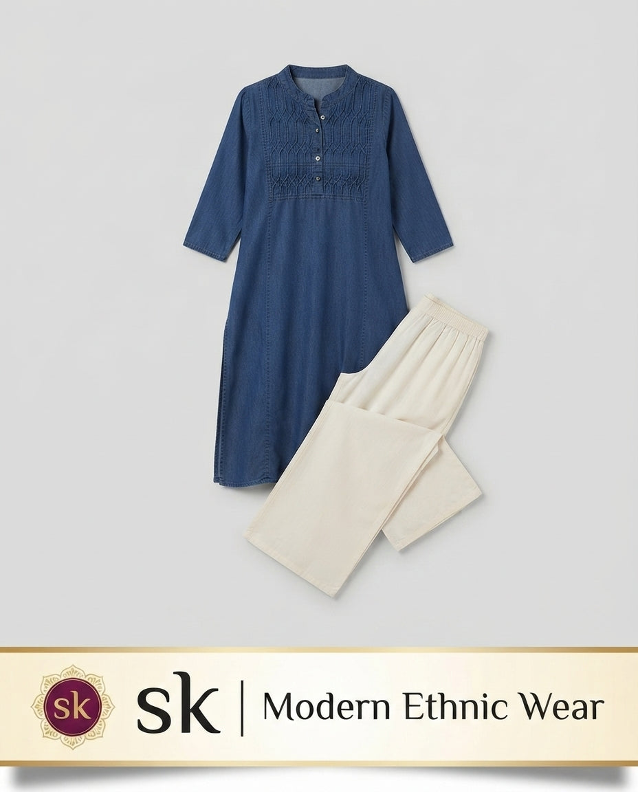 Kurti Zigzag Design Three Quarter Sleeves Zigzag Design Pure Cotton Denim KURTI FOR Womens And Girls