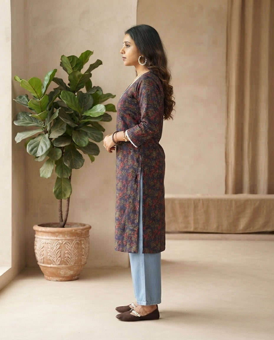 Soft Cotton Everyday Wear Floral Print A-Line Kurta