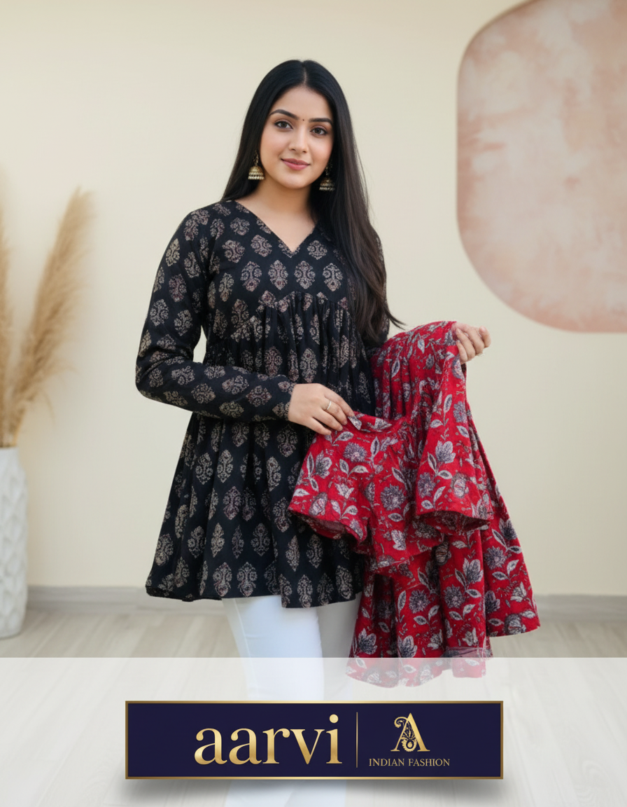 Premium and Trending Anarkali Urf Aliacut Printed Short Kurti With COMBO (Pack of 2)
