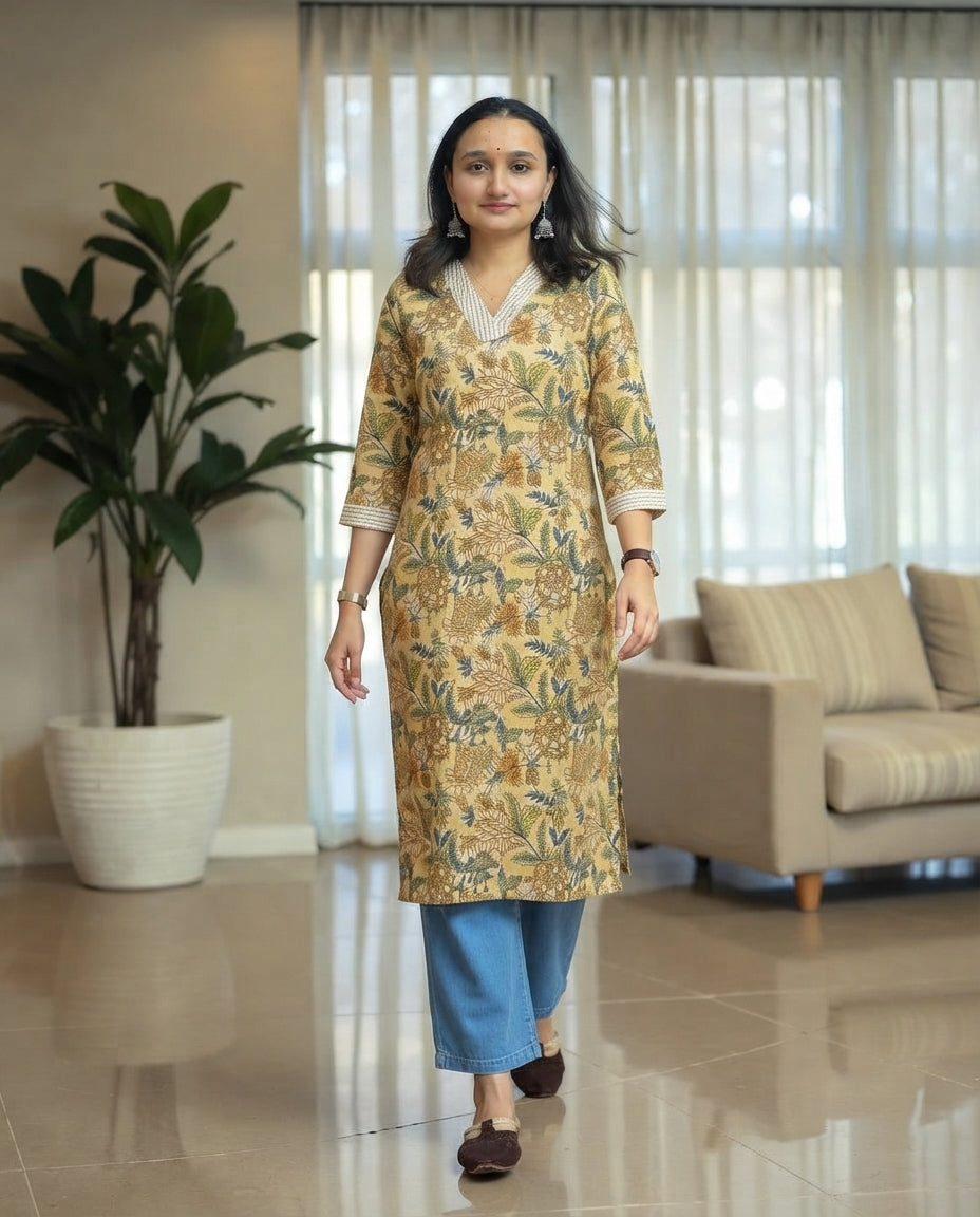 Soft Cotton Everyday Wear Floral Print A-Line Kurta