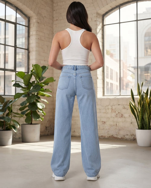 ICE BLUE DENIM WIDE LEG DENIM JEANS
