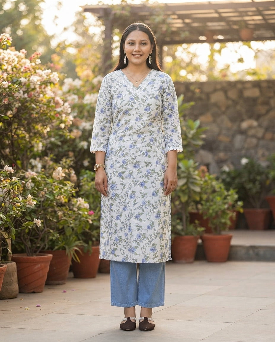 Soft Cotton Everyday Wear Floral Print A-Line Kurta